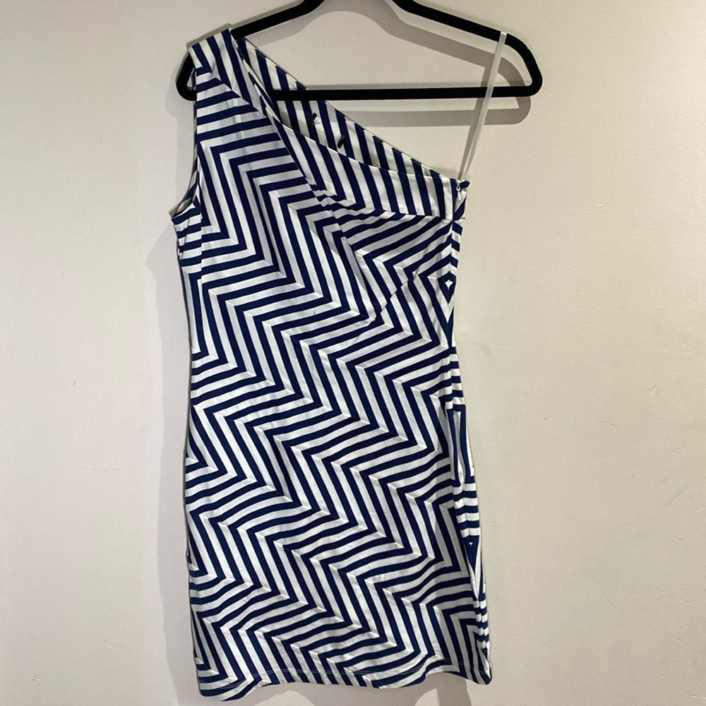 Navy & White Pattern One Shoulder Fitted dress